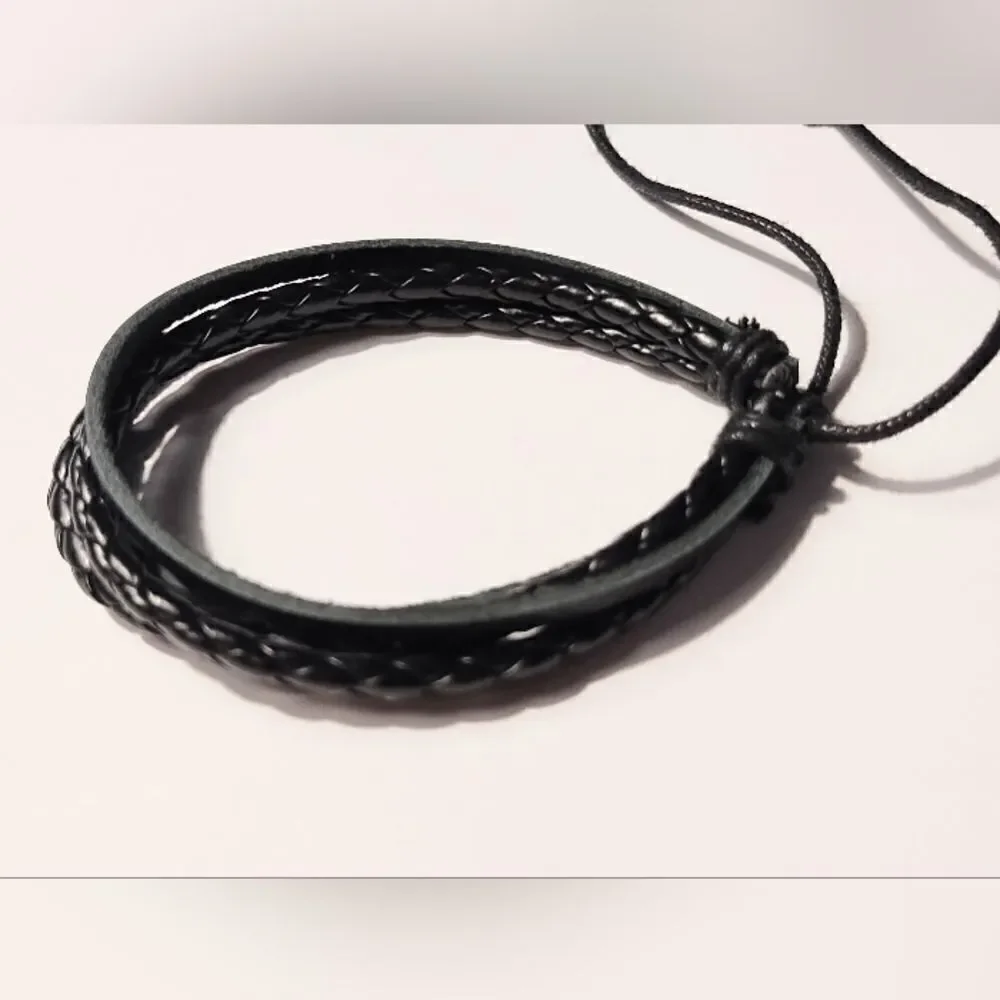 Men's bracelet leather braided layered‎ black new d34